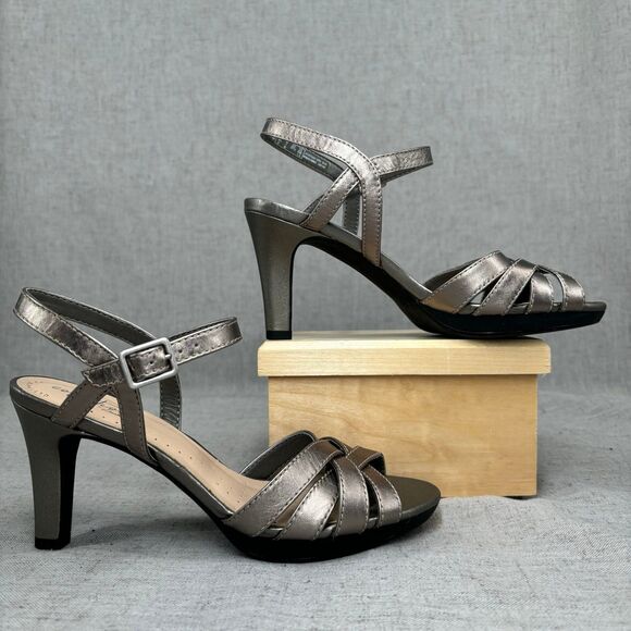 Clarks Collection Adriel Wavy Pewter Silver Leather Heels Sling Back Strappy 7 - Picture 3 of 11